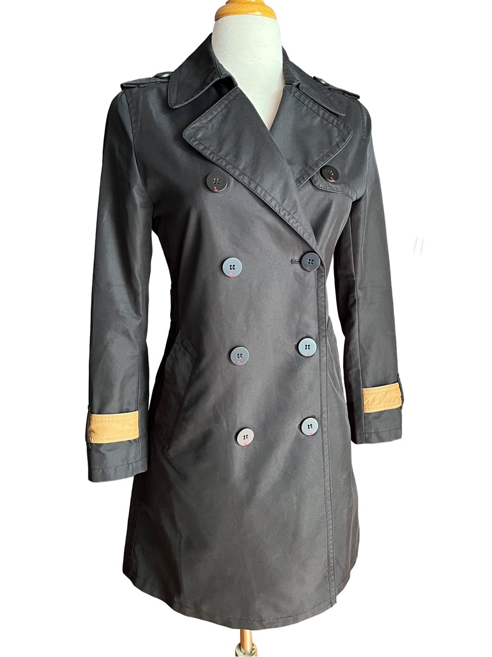 Black Trench Coat Double Breasted Camel Trim Belted Jacket S/M